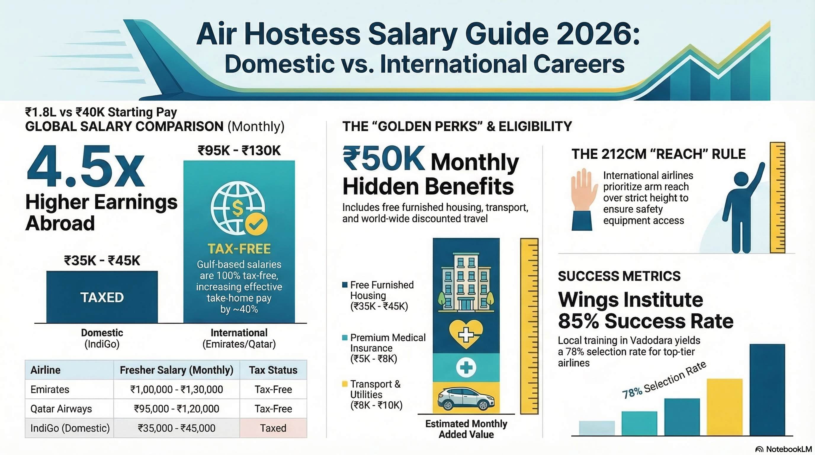 International Airline Cabin Crew Salary in India 2026: Emirates, Qatar, Singapore Airlines Pay Guide - Cabin Crew career guide from Wings Institute Vadodara Gujarat